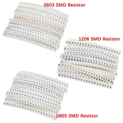 All In One Smd Capacitor And Resistor Kit With 2460 Pieces 41 Capacitor Values From 10pF To 22uF And 16 Resistor Values From 620 Ohm To 12K Ohm 0603 0805 1206 Size Chip Parts Handy For Diyers And Electronics Hobbyists showing strips of 0603, 0805, 1206 SMD resistors