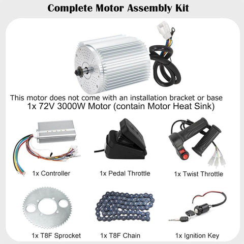 Complete motor assembly kit showing a Powerful 3000W 72V Brushless DC Motor Kit With 50A Controller For Scooters And Go Karts, 4900 RPM.