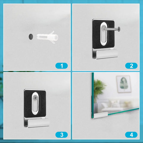 Tough Built Metal Mirror Holder Kit J Type Hanger Clips installation steps with cushioned rubber pads and expansion anchors.