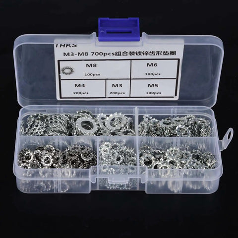 Heavy Duty Galvanized Serrated Lock Washer Set 700-Piece Fastening Kit with compartments for sizes M3 to M8