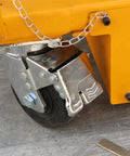 Close-up of dual locking caster on Boss Grade Electric Hydraulic Lift Table With 2600 Lbs Capacity And Dual Locking Casters.