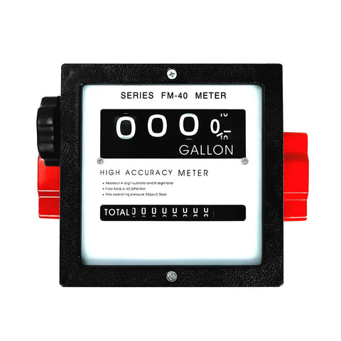 Front view of 1.5 Inch Aluminum Mechanical Fuel Flow Meter FM-40 Series With Four Digital Readout, durable aluminum body