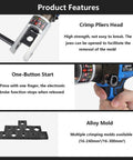 Image showing features of Badass Electric Hydraulic Crimping Pliers With Rock Solid 4.0 Ah Battery Packs, highlighting crimp head, button start and alloy molds.
