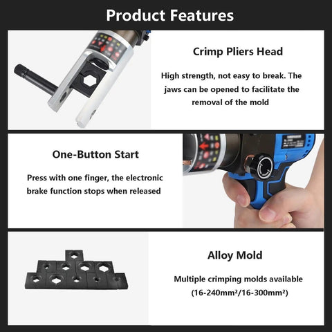 Image showing features of Badass Electric Hydraulic Crimping Pliers With Rock Solid 4.0 Ah Battery Packs, highlighting crimp head, button start and alloy molds.