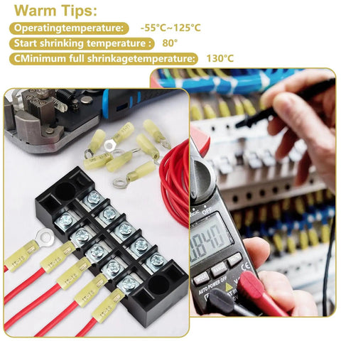 100 Piece All In One Heat Shrink Ring Connectors Kit With Yellow Marine Grade Ring Terminals Including Size Ten Eyelets In One Quarter Inch Five Sixteenths Inch And Three Eighths Inch Storage Box Included For Easy Access assembled