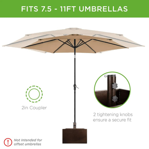 Portable Steel Umbrella Base With Fillable Planter, 150lb Capacity, Drainage, Two Adjustment Knobs, Handle And Wheels