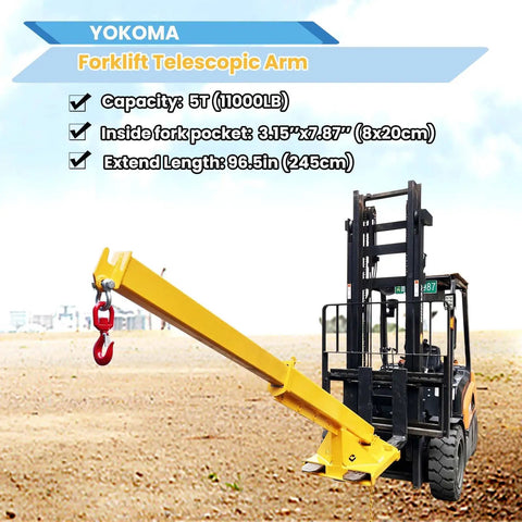Heavy Duty Forklift Jib Boom Crane With Fully Adjustable Telescopic Arm And Pivoting Chain Hoist Hook in action, showcasing its 11,000 lb capacity.