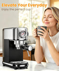 Straight Shooter Semi Automatic Espresso Machine With Reliable Milk Frother For Creamy Lattes And Bold Cappuccinos 20 Bar Pressure No Mess Home Coffee Brewing Kit in a modern kitchen setting.