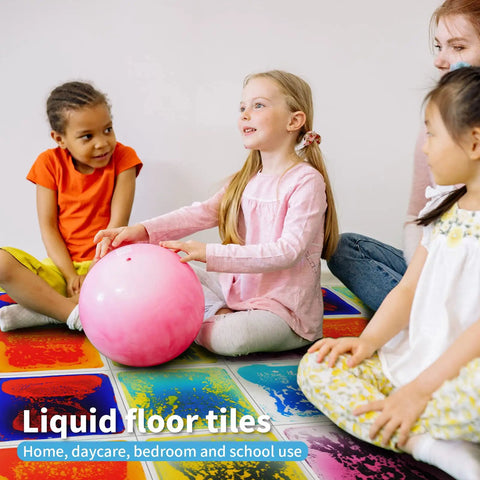 Children playing on Liquid Sensory Floor Tiles Set 11.8 Inch Square Multicolor For Kids Interactive Sensory Play With Floating Objects.