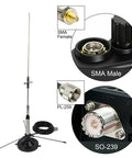Dual Band Mobile Antenna For 2M And 70CM With Ground Plane Kit, SMA Female, magnetic mount, connectors: PL-259, SMA Male.