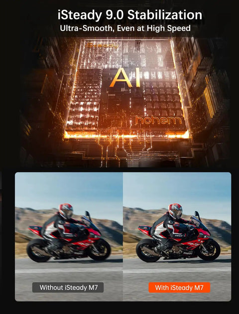 Comparison shot showing motorcycle with and without Smartphone Gimbal Stabilizer With 3 Axis Stabilization.