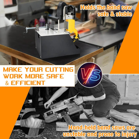 2 In 1 Portable Band Saw Stand With Alloy Steel Construction for DCS374B/DCS374P2 on workbench demonstrating stability and safety.