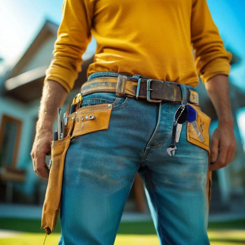 Person wearing tool belt with Pocket Size 3 Piece Tiny Adjustable Wrench Set 2.5 Inch Mini Crescent Wrenches on keychain
