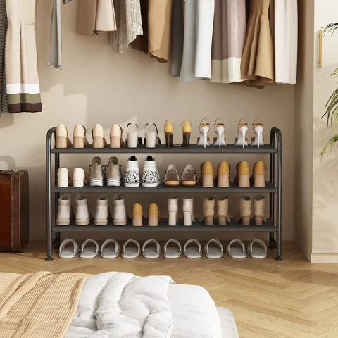 Three Tier Shoe Rack Storage Organizer with Wide Metal Shelf in Closet Holding Up To 18 Pairs of Shoes, Black Finish, Extra Bottom Layer