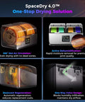 Image of Space Pi X4 Filament Dryer showing four filament rolls, LCD screen, 360-degree heating, and dehumidification features.