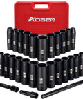 Half Inch Drive Impact Socket Set, 29 Piece, 6 Point Deep Sockets, SAE And Metric, Chromium Vanadium Steel, with case and bars
