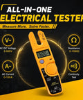 600V Voltage And Current Tester For Electrical Troubleshooting A Fast Reading Tool That Checks AC Voltage Current And Continuity In A Compact Handheld Meter Perfect For Electricians And DIY Pros. Orange handheld clamp tester with LCD display for AC/DC voltage, current, resistance, and continuity