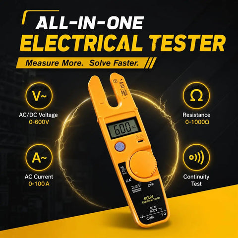 600V Voltage And Current Tester For Electrical Troubleshooting A Fast Reading Tool That Checks AC Voltage Current And Continuity In A Compact Handheld Meter Perfect For Electricians And DIY Pros. Orange handheld clamp tester with LCD display for AC/DC voltage, current, resistance, and continuity