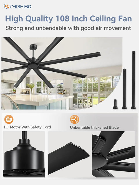 108-inch HVLS industrial ceiling fan with 8 black aluminum blades, DC motor, remote for garage, shop, or patio