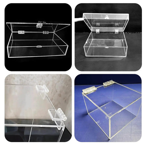 16 Pcs Self Adhesive Clear Acrylic Hinges 35x25mm Small Hinges on glass containers used for DIY crafts and aquarium lids.