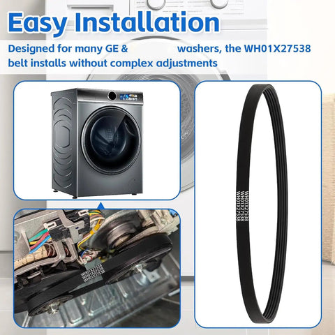 Multi Slot Drive Belts Replacement For GTW220ACK6WW And GTW330ASK4WW Washing Machines With Durable Rubber Construction Easy Install Wide Compatibility Quiet Performance Perfect For Quick Appliance Repairs. Black rubber washer belt for GE washing machine repair