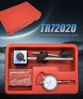 Dial indicator set with magnetic base and long arm; red case with probe tips and gauge.