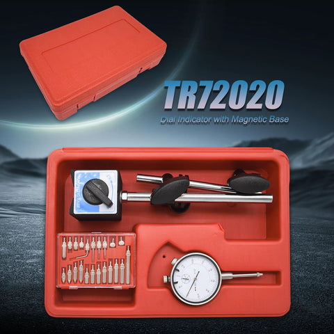 Dial indicator set with magnetic base and long arm; red case with probe tips and gauge.