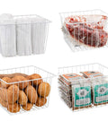Vibe Shift Your Deep Freeze Setup With Heavy Duty Wire Baskets Acting As Kitchen Storage Organizer Bins For Chest Or Upright Models Refrigerator Dividers With Beefy Handles Four Pack Pearl White containing towels, meat, potatoes, and snacks.