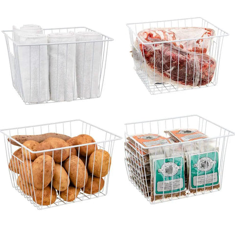 Vibe Shift Your Deep Freeze Setup With Heavy Duty Wire Baskets Acting As Kitchen Storage Organizer Bins For Chest Or Upright Models Refrigerator Dividers With Beefy Handles Four Pack Pearl White containing towels, meat, potatoes, and snacks.