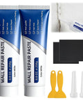 Two Piece Drywall Repair Kit With Wall Patch Paste Scraper And Sandpaper Quick Crack Filler DIY Home Fix Patch Paste Repair Kit For Plaster Walls Mending Agent For Seamless Repairs, includes wall repair paste tubes, scrapers, nozzles, and sandpaper.