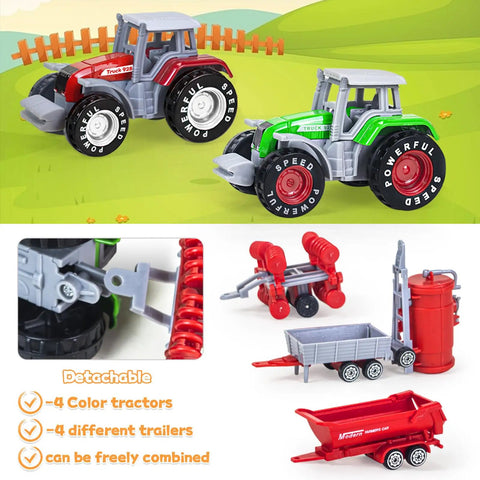 4 Pack Farm Tractor Toys With Trailers Die Cast Tractors And Trucks Set For Kids Ages 3 4 5 6 7 8 Detachable Alloy Farm Vehicles Birthday Gift And Cake Toppers on grass with colorful tractors and detachable trailers.