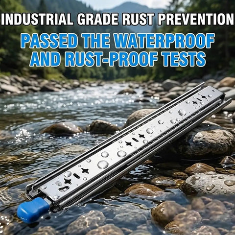 Heavy Duty Locking Drawer Slides 53 Inch Width Full Extension Runners With Lock And Ball Bearing Stainless Steel Drawer Rails placed on rocks in stream.