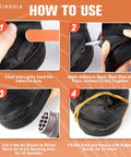 Steps showing how to use Heavy Duty Shoe Glue Kit 29.5 Milliliters Each 2 Pack Clear Adhesive For Sneakers Boots Leather Rubber And Canvas