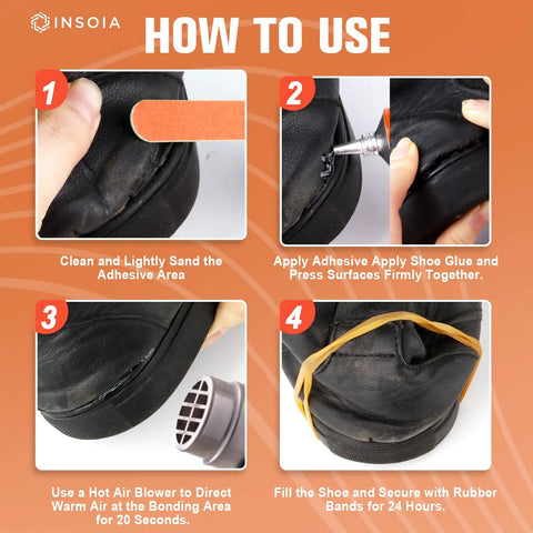 Steps showing how to use Heavy Duty Shoe Glue Kit 29.5 Milliliters Each 2 Pack Clear Adhesive For Sneakers Boots Leather Rubber And Canvas