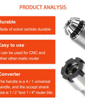 Product analysis of 1/4 Inch Shank Router Bit Extension Collet ER20M Extender Chuck, highlighting durability, ease of use, and conversion features.