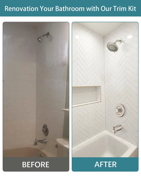 Before and after bathroom renovation with 9 Setting Bathtub Faucet Trim Kit For Chateau Valve, brushed nickel finish.