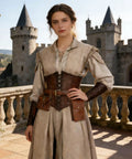 Model wearing Easy Adjust Vintage Brown Leather Waist Belt With Heavy Duty Industrial Buckle in medieval setting.