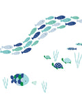 Oceania Aqua Blue Fish Wall Decals Set Easy Peel And Stick Ocean Themed Stickers with colorful school of fish and seaweed.
