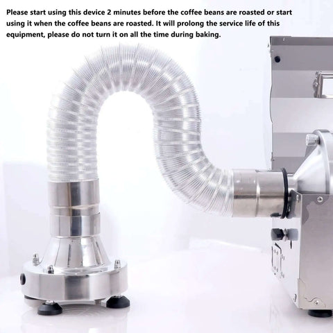 Direct Fired 450g Home Coffee Roaster Machine With 110V Electric Operation, Stainless Steel Shell, See Color Change Through 5mm Quartz Glass, Nut And Grain Roaster For Home Brew Nerds And Barista Grade Fresh Beans. Side view showing exhaust pipe connection.