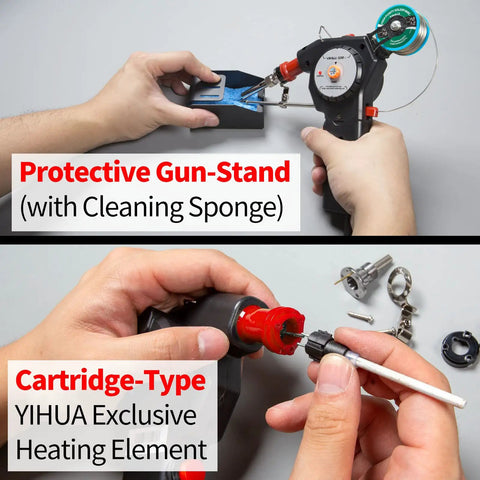 Pro Grade Motorized Automatic Feed Soldering Gun With Variable Temperature 392 To 842 Fahrenheit For One-Handed Soldering, 6-In-1 Kit demonstrating use with cleaning sponge and cartridge-type heating element.