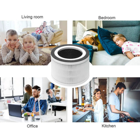 True H13 HEPA Allo Replacement Filter 2 Pack for Mooka Allo Afloia Filo and Honati Air Purifiers with pre-filter and activated carbon, shown in living room, bedroom, office, kitchen settings ensuring indoor air quality.