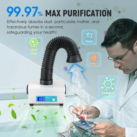 Desktop Solder Fume Extractor with Adjustable Speed and LED Display purifying smoke in a laboratory setting