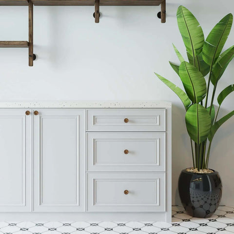 Modern white cabinets with Antique Brass Cabinet Knobs Set, 12 Pack, 1 Inch Round Dresser Drawer Knobs With Raised Fluted Groove