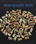 Flat Head Rivet Nut Kit With 320 Pieces In Seven Sizes Zinc Plated Carbon Steel Rivet Nuts For Automotive Marine And DIY Projects Includes 5/32 32UNC 8 32UNC 10 24UNC 1/4 20 UNC 5/16 18UNC 3/8 16UNC 1/2 13UNC shown in pile with 'High Quality Nuts' label