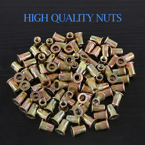 Flat Head Rivet Nut Kit With 320 Pieces In Seven Sizes Zinc Plated Carbon Steel Rivet Nuts For Automotive Marine And DIY Projects Includes 5/32 32UNC 8 32UNC 10 24UNC 1/4 20 UNC 5/16 18UNC 3/8 16UNC 1/2 13UNC shown in pile with 'High Quality Nuts' label