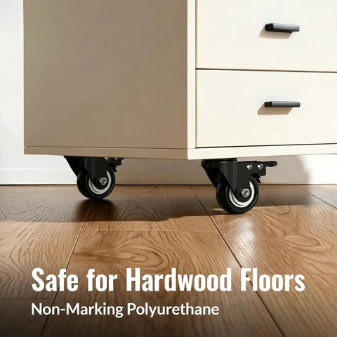 2 Inch Heavy Duty PU Caster Wheels With Hella Sturdy Dual Locking Brake Eight Pack on wooden floor, showing non-marring features.