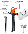 3 In 1 Corded Leaf Blower Vacuum Mulcher With 230 MPH Airflow And 12 Amp Motor, Anti Clog Vortex Impeller BV3600 with parts labeled