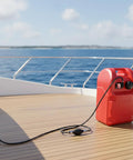 6 Gallon Portable Marine Fuel Tank With Leak Proof Seal Level Gauge And Hose, Built From HDPE, on a boat deck