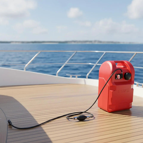 6 Gallon Portable Marine Fuel Tank With Leak Proof Seal Level Gauge And Hose, Built From HDPE, on a boat deck