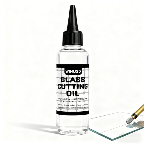 Pro Grade Glass Cutting Oil For All Cutting Tools Let Your Cutter Wheel Glide With Minimal Friction For Clean Scoring And Fewer Breaks Ideal For Stained Glass Mirrors Bottles Tiles Mosaic And Glass Cutter Wheels bottle next to a glass sheet and cutter tool
